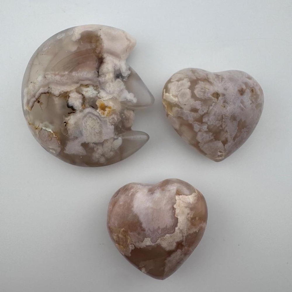 3X flower agate carving palm stones 2 heart shapes and 1 moon
